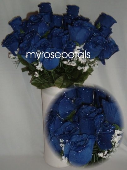 84 Silk Rose Flowers with Raindrops-Wedding Roses Flowers - Royal Blue