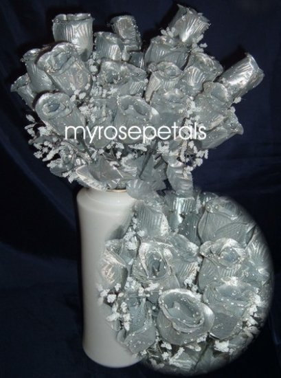 84 Silk Rose Flowers with Raindrops-Wedding Roses Flowers - Silver
