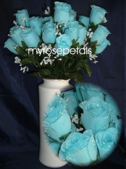 84 Silk Rose Flowers with Raindrops-Wedding Roses Flowers - Sky Blue