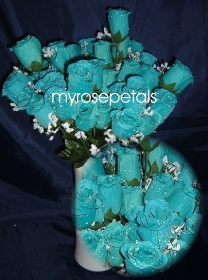 84 Silk Rose Flowers with Raindrops-Wedding Roses Flowers - Turquoise