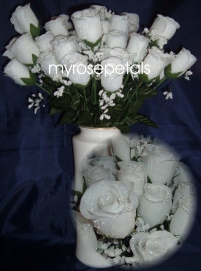 84 Silk Rose Flowers with Raindrops-Wedding Roses Flowers - White