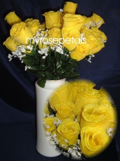 84 Silk Rose Flowers with Raindrops-Wedding Roses Flowers - Yellow