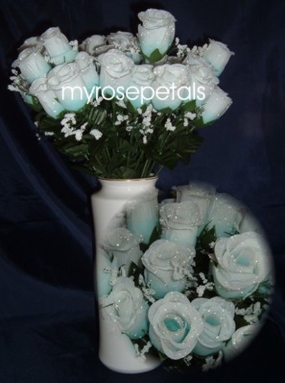 84 Silk Rose Flowers with Raindrops-Wedding Roses Flowers - Aqua/White