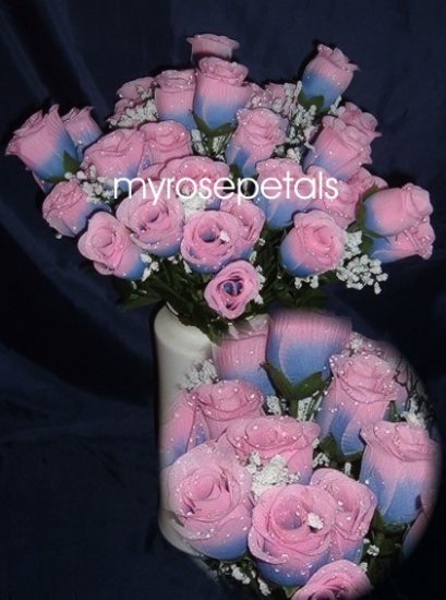 84 Silk Rose Flowers with Raindrops-Wedding Roses Flowers - Blue/Pink