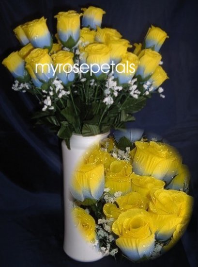 84 Silk Rose Flowers with Raindrops-Wedding Roses Flowers - Blue/Yellow