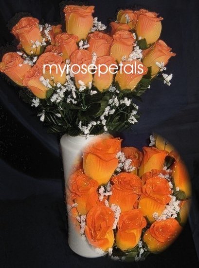 84 Silk Rose Flowers with Raindrops-Wedding Roses Flowers - Double Orange