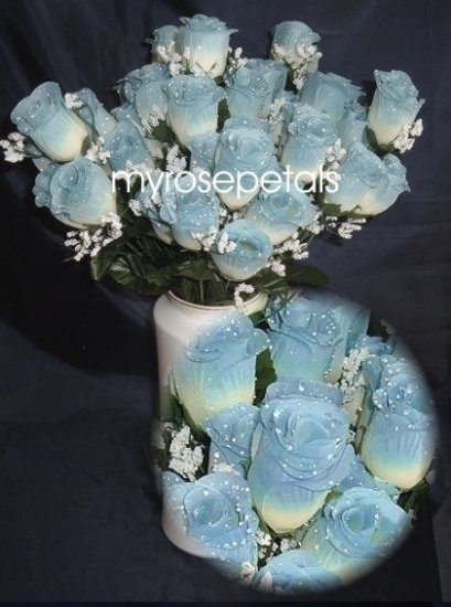 84 Silk Rose Flowers with Raindrops-Wedding Roses Flowers - Ivory/Blue