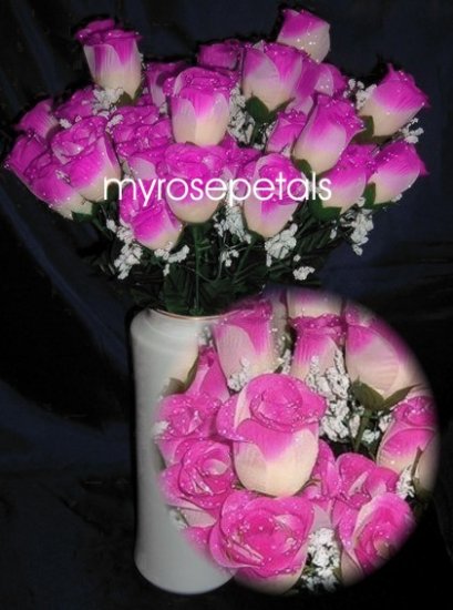 84 Silk Rose Flowers with Raindrops-Wedding Roses Flowers - Ivory/Hot Pink