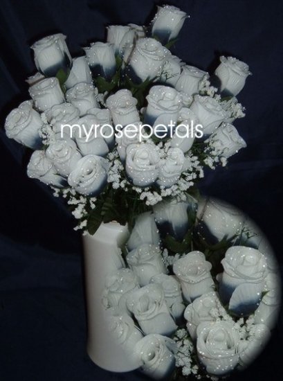 84 Silk Rose Flowers with Raindrops-Wedding Flowers - Navy Blue/White