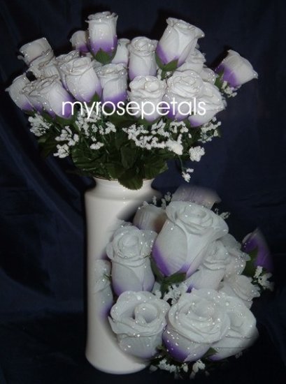 84 Silk Rose Flowers with Raindrops-Wedding Roses Flowers - Purple/White