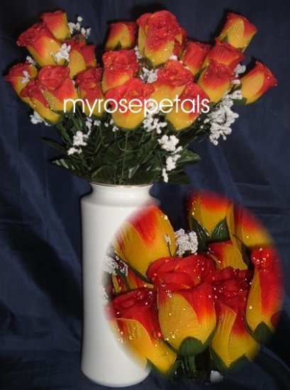 84 Silk Rose Flowers with Raindrops-Wedding Roses Flowers - Yellow/Red