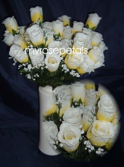 84 Silk Rose Flowers with Raindrops-Wedding Roses Flowers - Yellow/White