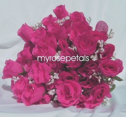 84 Silk Rose Flowers with Raindrops-Wedding Roses Flowers - Hot Pink