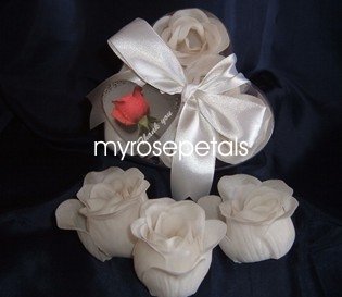 Scented Rose Shaped Soaps in Heart Box - White (Set of 12)- with Satin Ribbon- Wedding Favors