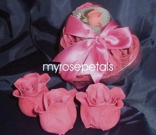 Scented Rose Shaped Soaps in Heart Box - Hot Pink (Set of 72)- with Satin Ribbon- Wedding Favors