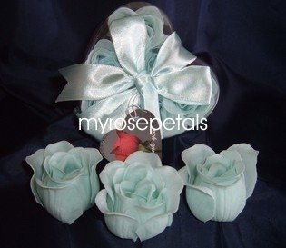 Scented Rose Shaped Soaps in Heart Box - Light Blue (Set of 72)- with Satin Ribbon- Wedding Favors