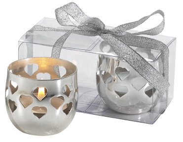 6 Sets of 2 Silver plated Candle Holders with heart cut outs in PVC Box & Ribbon