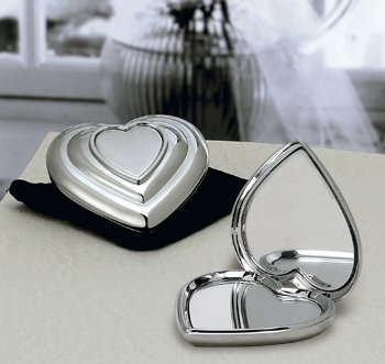 Favors: Chrome Heart Compact Mirror in velvet pouch - Wedding Favor / Wedding Party Supplies