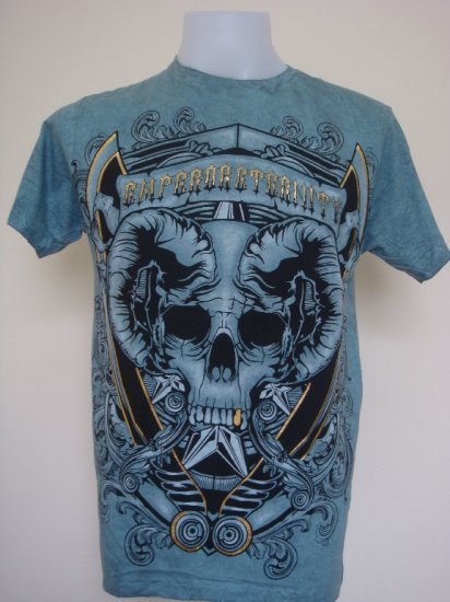 Shiroi Neko Design by Eternity Skull Punk Tattoo T-Shirt Blue Size L