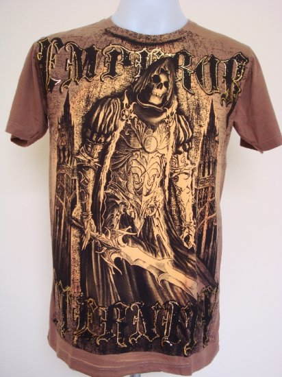 Shiroi Neko Design by Eternity Emperor Skull Tattoo Art T-Shirt Brown Size M