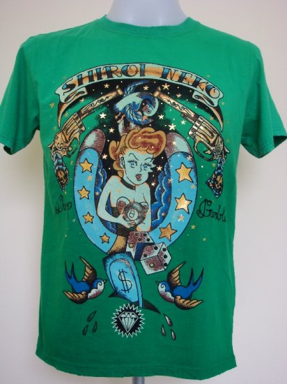 Shiroi Neko Sexy Girl Casino Tattoo Art T-Shirt Green Size M