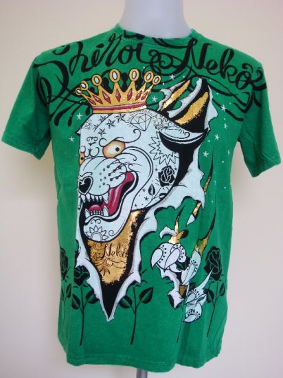 Shiroi Neko Jaguar Punk Crown Tattoo Art T-Shirt Green Size M