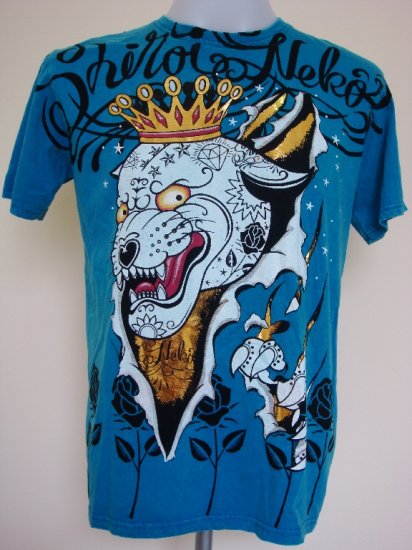 Shiroi Neko Jaguar Punk Crown Tattoo Art T-Shirt Blue Size M
