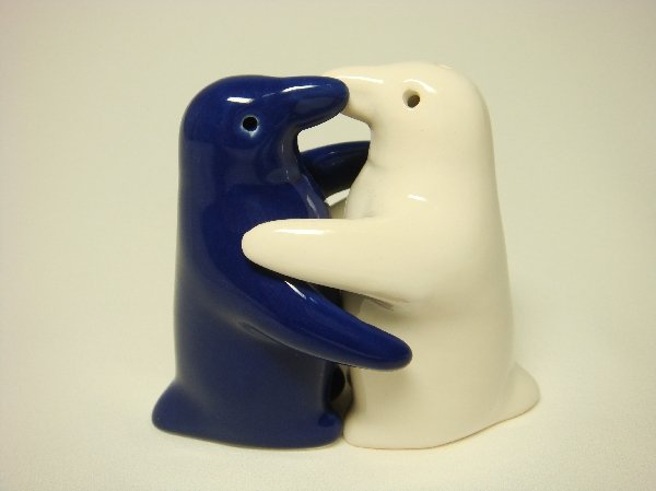 Ceramic Salt & Pepper Shakers Blue & White Penguin Hug