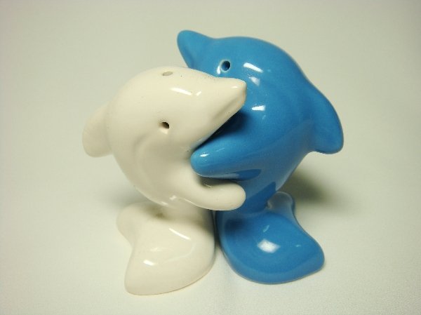 Ceramic Salt & Pepper Shakers Blue & White Dolphin Hug