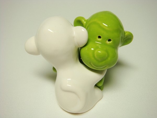 Ceramic Salt & Pepper Shakers Green & White Monkey Hug