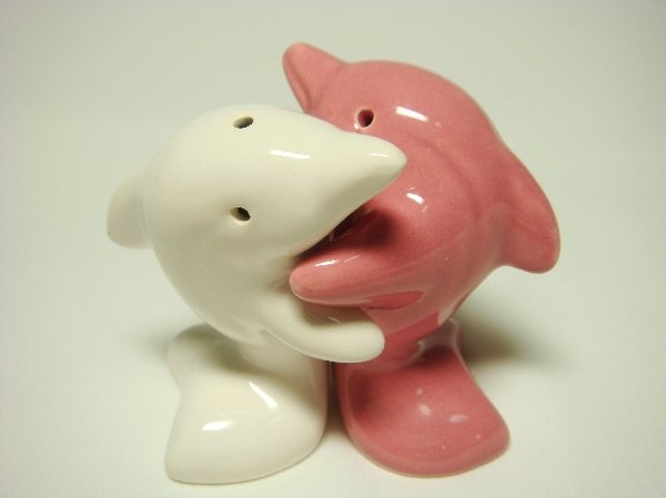 Ceramic Salt & Pepper Shakers Pink & White Dolphin Hug