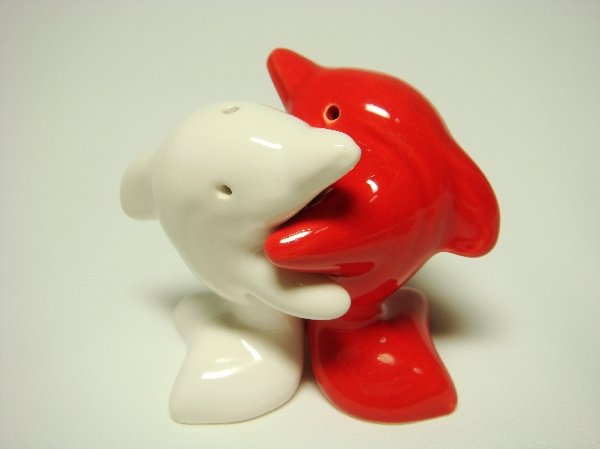 Ceramic Salt & Pepper Shakers Red & White Dolphin Hug