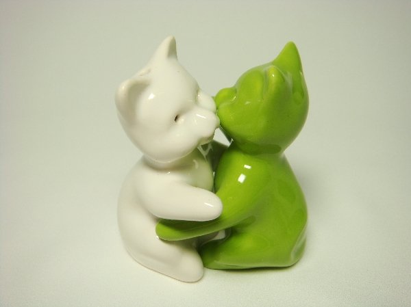 Ceramic Salt & Pepper Shakers Green & White Cat Hug