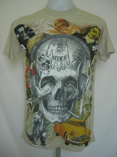 Shiroi Neko Skull Punk Tattoo Art T-Shirt Vintage Green M