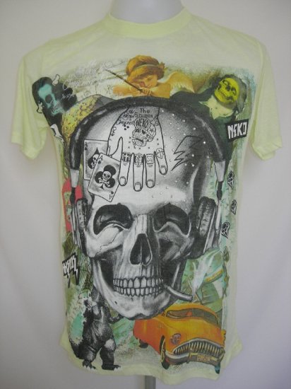 Shiroi Neko Skull Punk Tattoo Art T-Shirt Light Yellow L