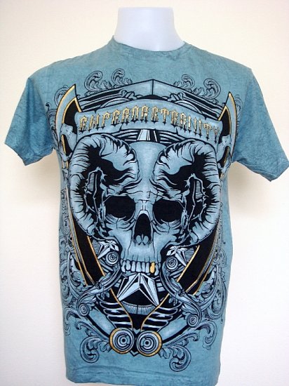 Emperor Eternity Skull Punk Rock Tattoo T-Shirt Blue Size M