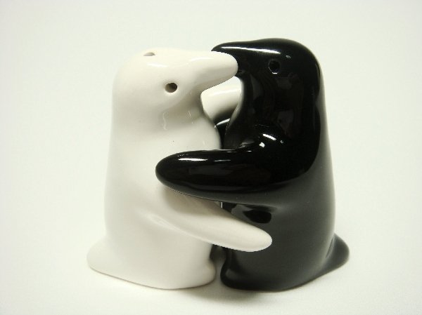 Ceramic Salt & Pepper Shakers Black & White Penguin Hug