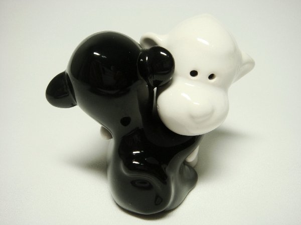 Ceramic Salt & Pepper Shakers Black & White Monkey Hug