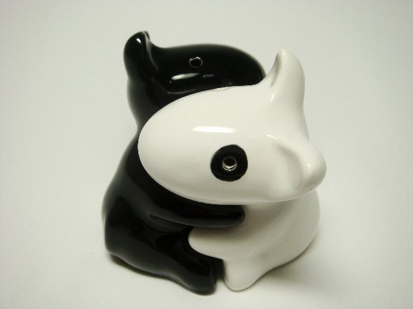 Ceramic Salt & Pepper Shakers Black & White Dog Hug