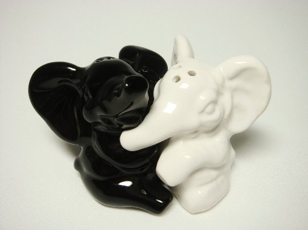 Ceramic Salt & Pepper Shakers Black & White Elephant Hug