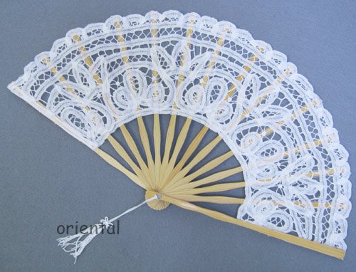 White Victorian Battenburg Lace Hand Fan Wedding Bridal