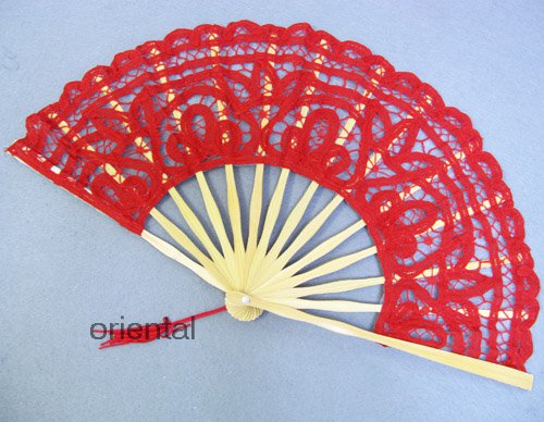 Red Victorian Battenburg Lace Hand Fan Wedding Bridal