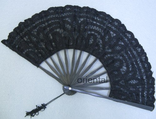 Black Victorian Battenburg Lace Hand Fan Wedding Bridal