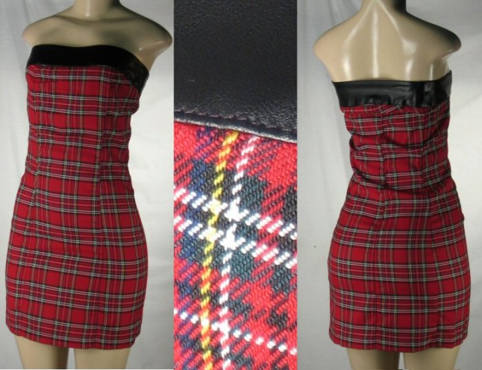 Aziz - Junior Plaid Tube Dresses with Faux Leather Bustline Accent