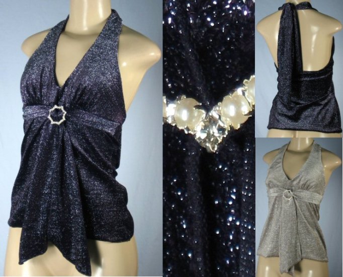 Selections - Juniors Glitter Halter Tops with Front Pearlescent Accent