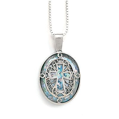 Oval Ancient Roman Glass Cut Out Cross Necklace(5472)