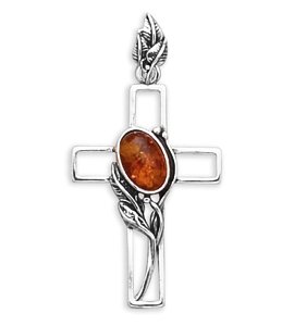 Oxidized Cross Pendant with Oval Amber(72201)