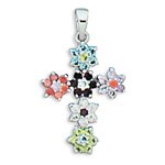 Rhodium Plated Multicolor CZ Flower Cross Pendant(72370)