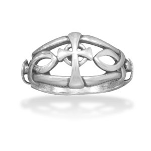 Ichthys & Cross Design Oxidized Ring