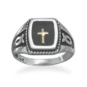 Sterling Silver Ring w/Ichthys & 14 Karat Gold Cross(82875)